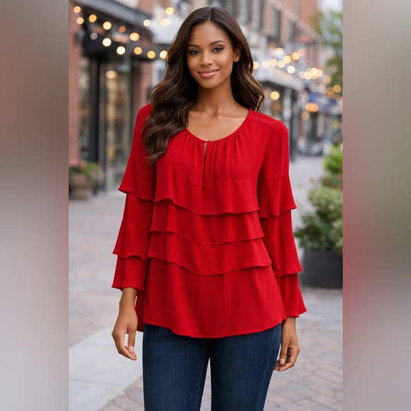 BCBGMaxAzria Tops - BCBG MAXMARA Size S Elegant Red Ruffle Blouse